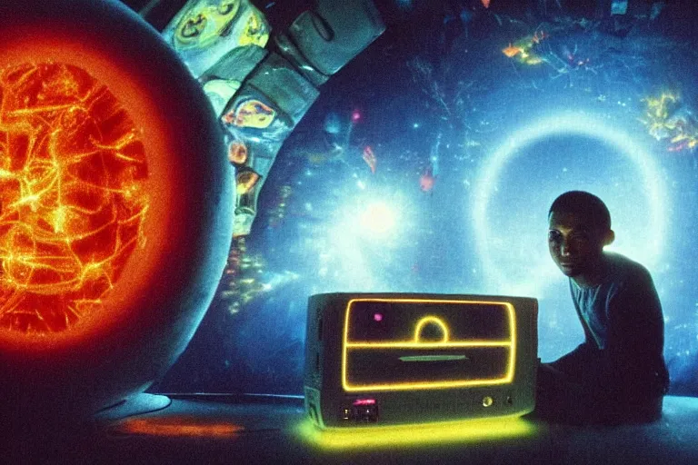 Image similar to toaster emerging from a space portal in cyberspace, fractal, in 1 7 6 7, cutecore clowncore, bathed in the glow of a crt television, alien castle in background, low - light photograph, in style of tyler mitchell