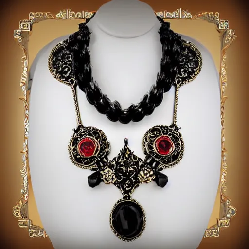 Image similar to semi - realistic gothic style big necklace with rococo ornamental bezel and a pendant of a dark style vampiress artistic necklace