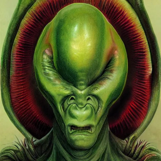 Prompt: realistic alien medium shot portrait with horns, green. red eyes, human eyes, background flames, by wayne barlowe