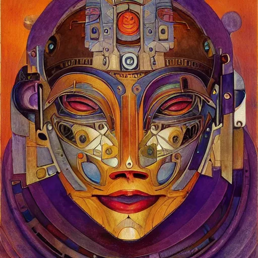 Image similar to the robot in her intricate mechanical mask, by annie swynnerton and diego rivera and kit williams and leo and diane dillon, symbolist, dramatic lighting, elaborate geometric ornament, art brut, god rays, soft cool colors, smooth, sharp focus, extremely detailed, adolf wolfli