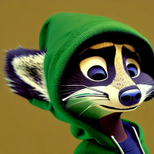 Image similar to a chill stoner with a black hoodie on with a marijuana themed dark green raccoon head from zootopia, wearing beanie, smoking, 3 d, blender 3 d, render, extremely detailed, 8 k, detailed fur