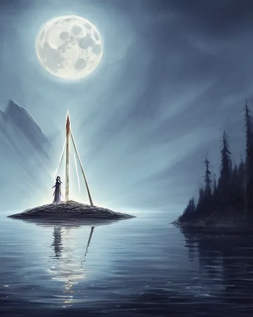 Image similar to legendary excalibur rising from the middle of a lake under a giant full moon, rippling reflections, lady of the lake, western, D&D, fantasy, intricate, elegant, highly detailed, digital painting, artstation, concept art, matte, sharp focus, illustration, masterpiece, stunning, artstation