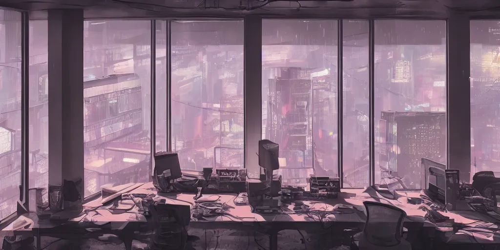 Prompt: interior shot of a neon office cinematic shot with windows overlooking a nuclear explosion cyberpunk, hyper detailed, artstation, 8k