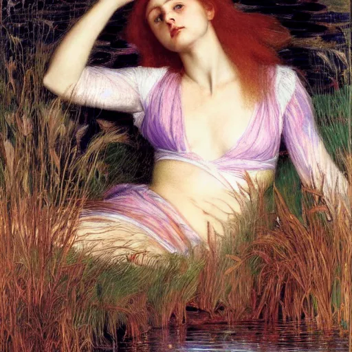 Prompt: breathtaking masterpiece of art, elizabeth eleanor siddall as ophelia floating on the water amongst the reeds by william holman hunt and rosetti, 8 k