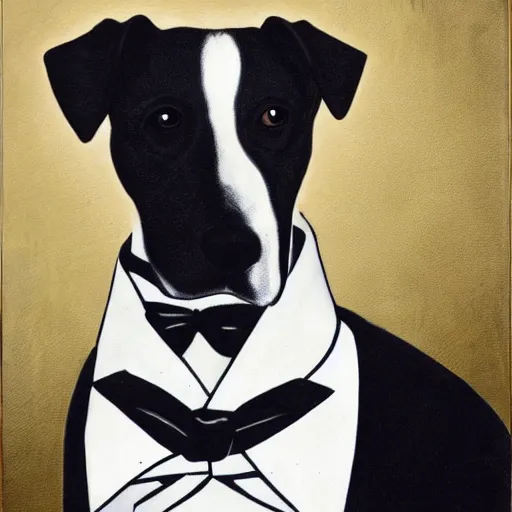 Image similar to a picture of a dog in a tuxedo in the style of jan gossaert