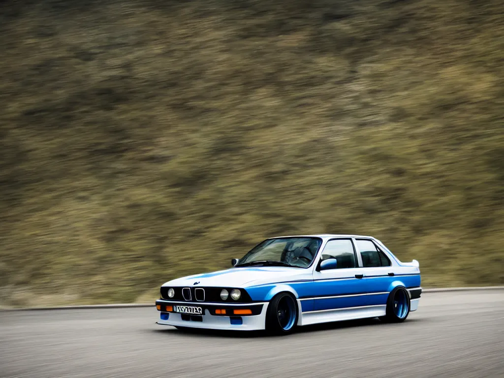 Image similar to a single modified bmw e 3 0 with lights on a mountain road, motion blur, 3 5 mm photography, car photography, clean lines, realistic