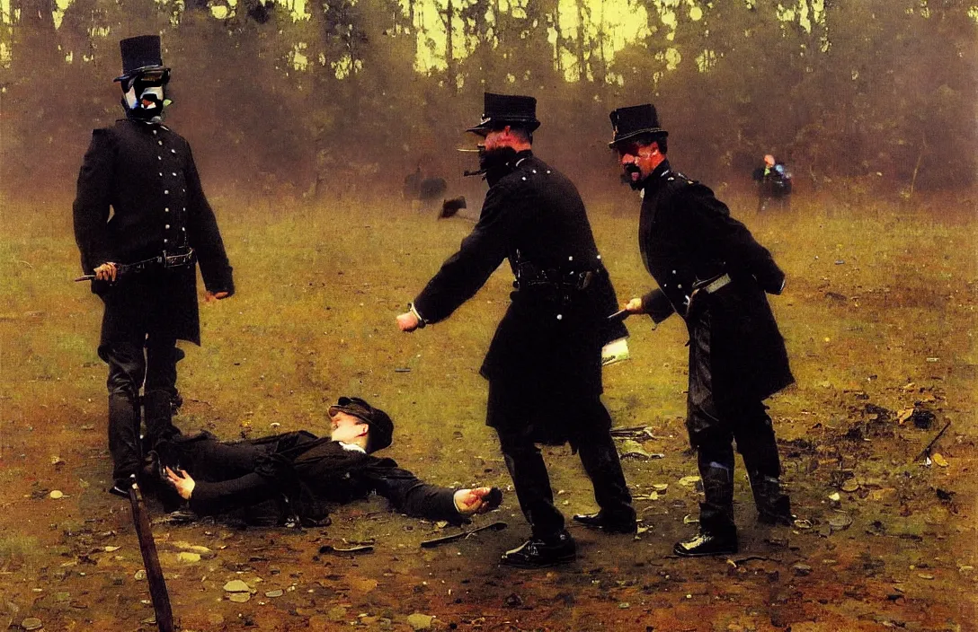 Image similar to victorian policeman finding a dead body, 1 8 9 0 s, detailed painting, epic lighting, by ilya repin, phil hale and kent williams