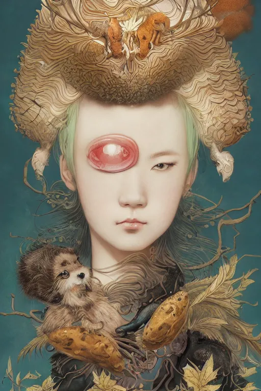 Image similar to a cover of japanese art portrait of a cute girl magazine about animal creatures bio by illustrated by miyazaki by karol bak, james jean, tom bagshaw, rococo, sharp focus, trending on artstation, cinematic lighting, hyper realism, octane render, 8 k, hyper detailed, vivid, ultra detailed, highly detailed