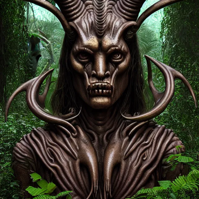 Prompt: a beautiful portrait of baphomet, 8 k, zbrush, octane, 8 k, incredibly detailed, ancient deity, androgynous, hr giger, peter gric, pablo amaringo, jack kirby, android jones, alex grey, cybernetic organism, nvidia, unreal engine, overgrown jungle ruins