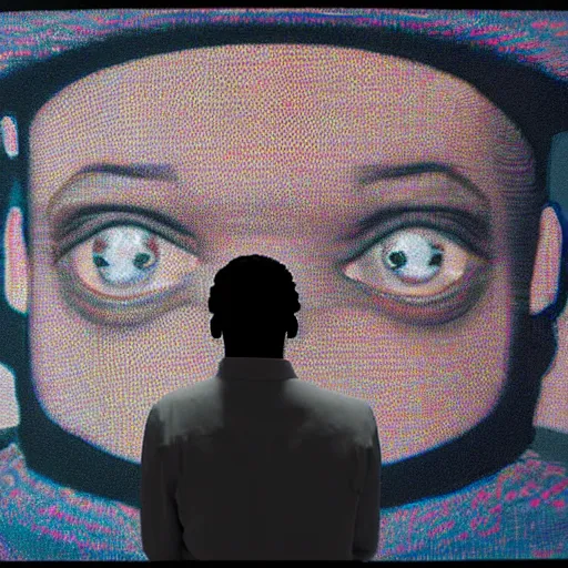Prompt: art curator looking at a screen with a chat interface, recursive, in the style of grand chamaco and stanley kubrick, inspired by kendrick lamar, photorealistic, epic, super technical, cinematic still