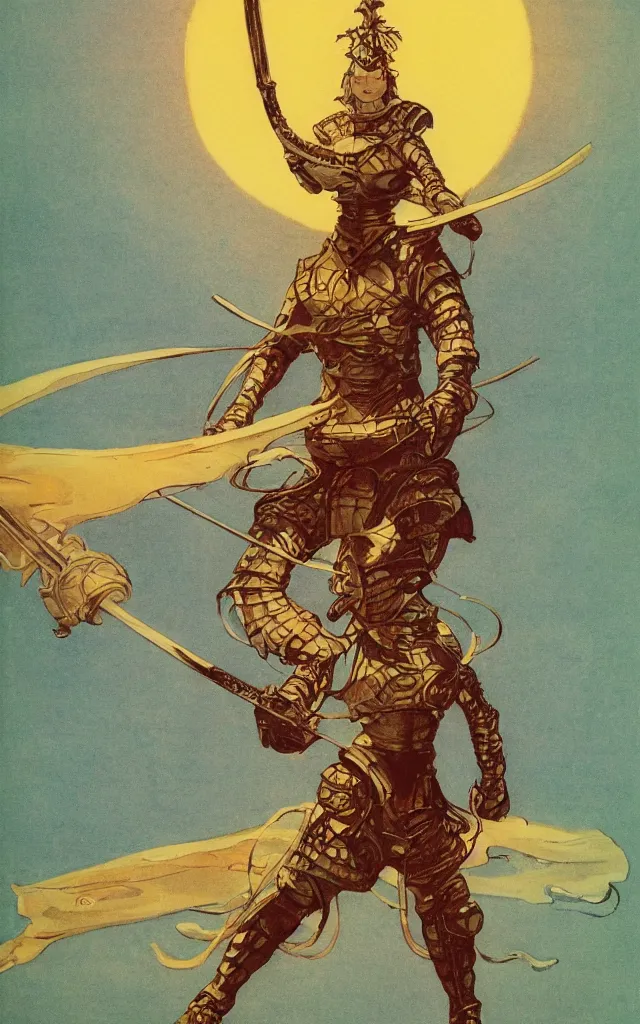 Image similar to on a strange vintage scifi planet, a samurai wizard knight goddess with large sword poses in glory, vintage scifi poster, winslow homer, moebius, roger dean, artstation