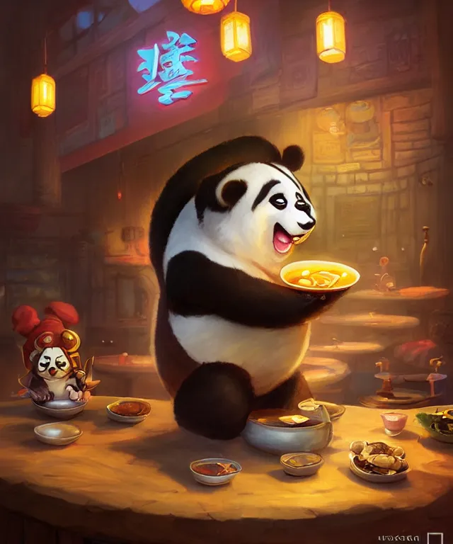 Image similar to a portrait an anthropomorphic panda mage eating chinese food, wearing mage robes, restaurant in background, cute and adorable, dnd character art portrait, well rendered matte fantasy painting, pixar style, by jason felix by steve argyle by tyler jacobson by peter mohrbacher, cinematic lighting