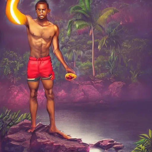 Prompt: black young man, one legged, fit, with red hood, yellow eyes, smoking a pipe, rastafari hair, red shorts, bare foot, Amazon rainforest background, crescent moon, river, art by artgerm, photo realistic, magical aura, cool pose