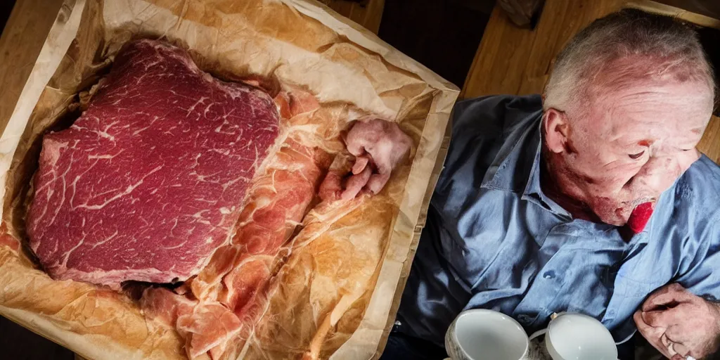 Prompt: a man whose head is encased in a cube of beef. his lungs have burst from his ribs. his wife sits with a tea towel on her lap, drooling. she has forty legs.