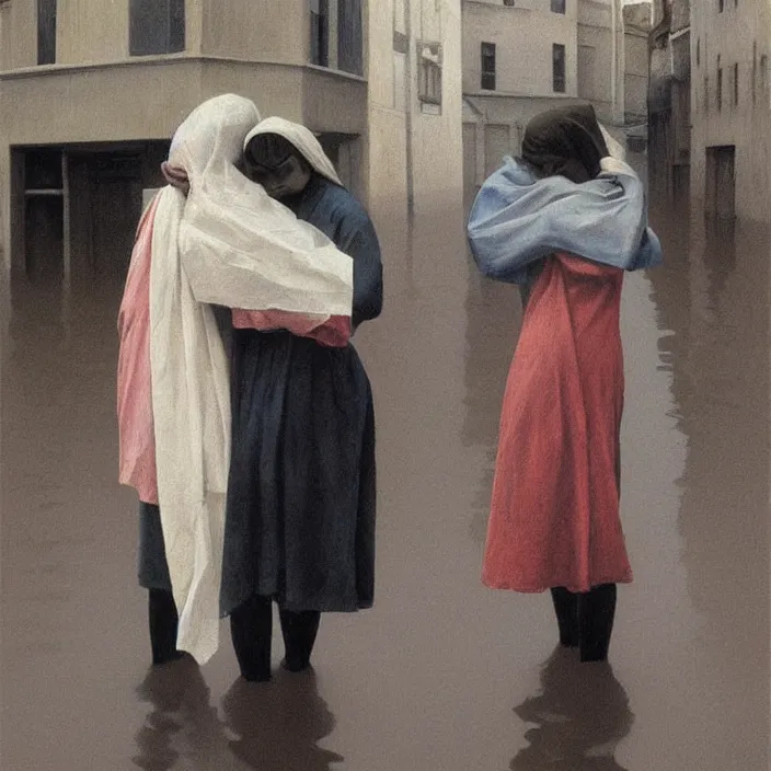 Image similar to two women hugging with a paper bag over the head, dressed in plastic bags, on flooded street of magnificent cathedral, highly detailed, artstation, art by , edward hopper, zdislav beksinski, wayne barlowe