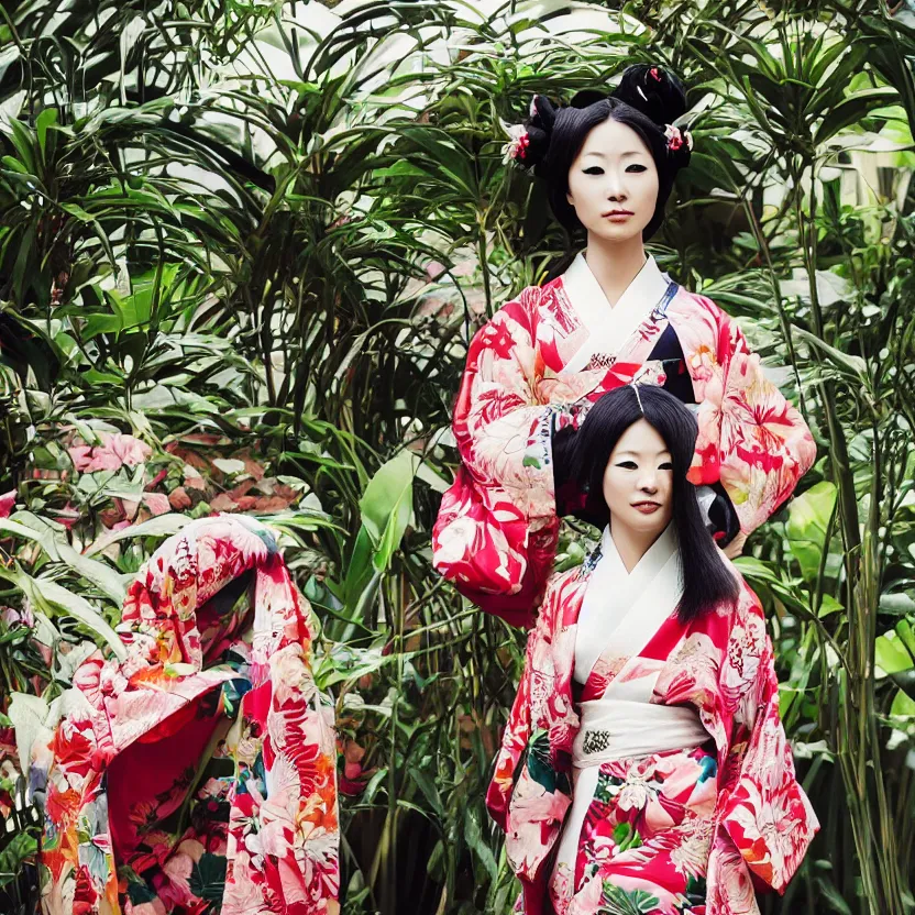 Prompt: fashion photograph of a pretty Japanese woman wearing a traditional kimono in an tropical greenhouse, by Annie Leibowitz, extremely detailed, large format camera, Fuji Provia film, 85mm lens, bokeh blurred background, photorealistic, trending on instagram, trending on artstation