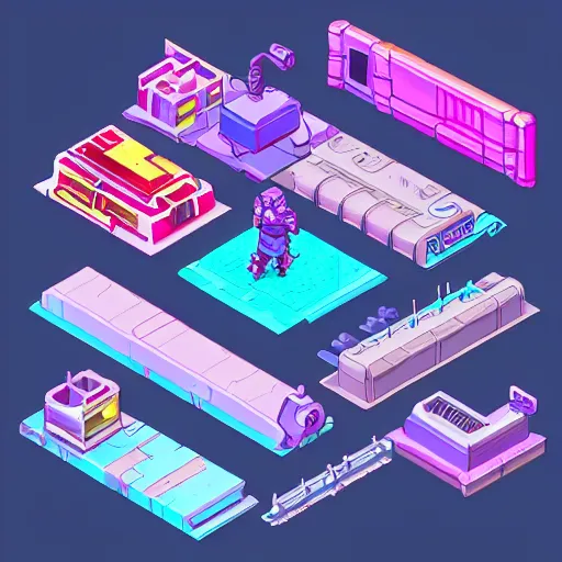 Prompt: isometric assets for a 2 d cyberpunk top - down game