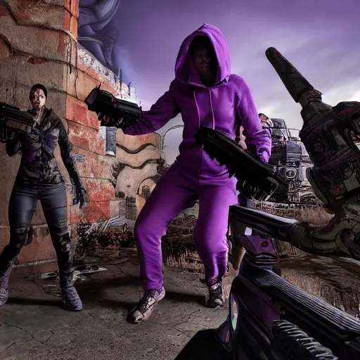 Image similar to apocalyptic world, doom game like look, female in hoodie in the middle, purple hair, shooting the monsters, 8 k, photorealistic, hyper realistic, full detail