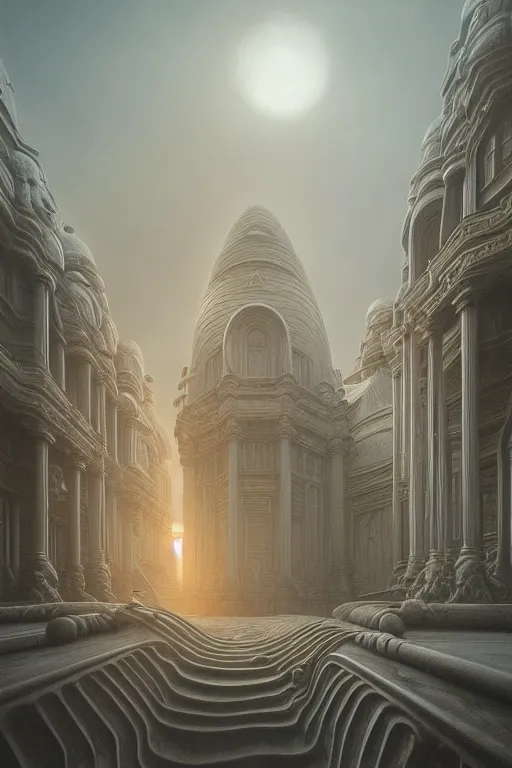 Image similar to sci - fi concrete baroque rococo architecture in hell, zaha hadid, beksinski, oil painting, photoreal, highly detailed, 8 k, hd, vray, artstation, cinematic matte painting, extreme detail photo quality, sunset, featured on behance