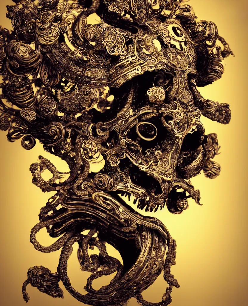 Image similar to goddess princess face close-up portrait ram skull. sculpture made of black clay and gold. jellyfish phoenix head, nautilus, orchid, skull, betta fish, bioluminiscent creatures, intricate artwork by Tooth Wu and wlop and beeple. octane render, trending on artstation, greg rutkowski very coherent symmetrical artwork. cinematic, hyper realism, high detail, octane render, 8k