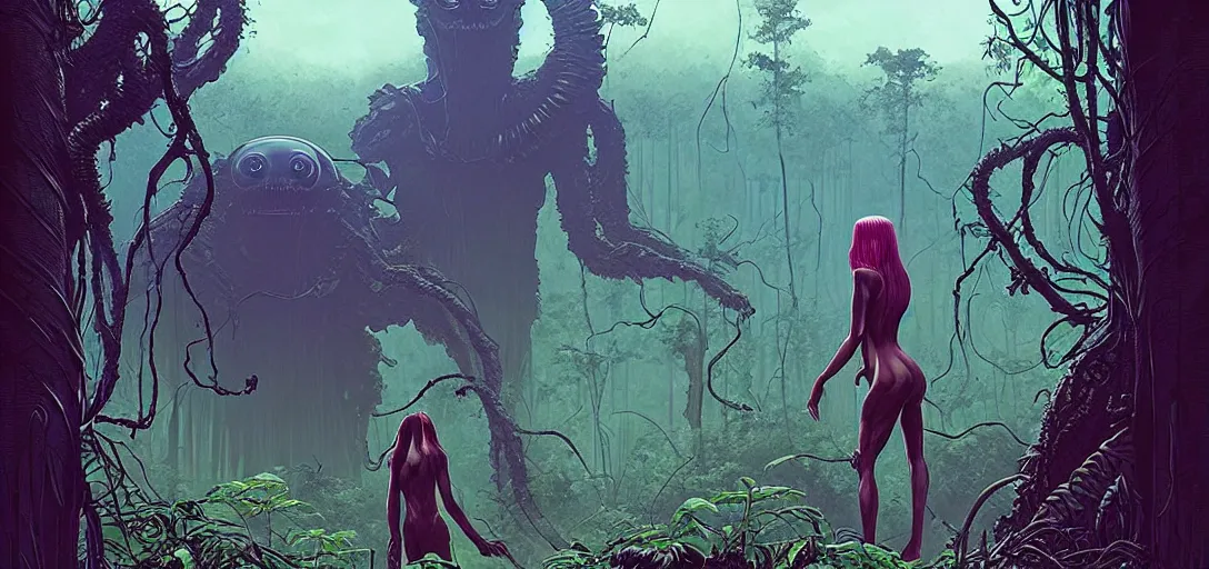 Prompt: scary creature lurking over a beautiful woman in a verdant jungle, epic science fiction horror by simon stalenhag and mark brooks, extremely detailed