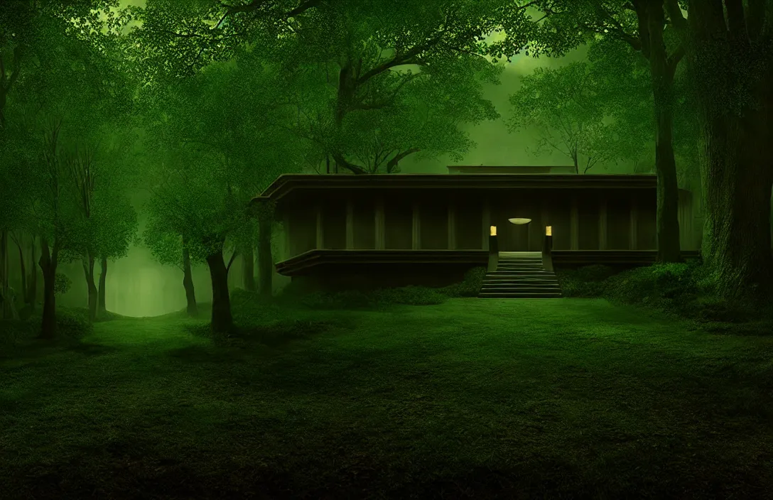 Image similar to emerging from lush greenery intact flawless ambrotype from 4 k criterion collection remastered cinematography gory horror film, ominous lighting, evil theme wow photo realistic postprocessing render by gregory crewdson divisionism building by frank lloyd wright