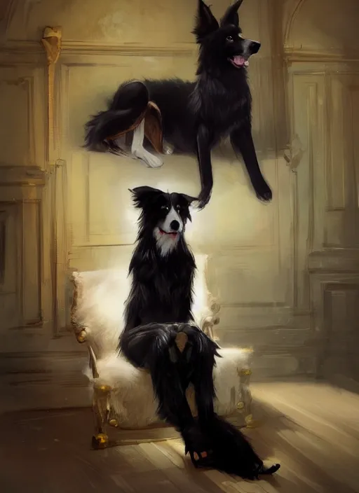 Prompt: wide angle beautiful full body portrait of a male anthropomorphic anthro border collie fursona sitting in a parlor room, character design by charlie bowater, henry asencio, and ross tran, disney, scenic background, detailed, aesthetic, trending on artstation, furaffinity, deviantart