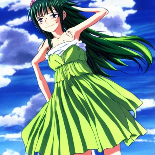 Image similar to anime, girl, green dress, flying, by eiichiro oda