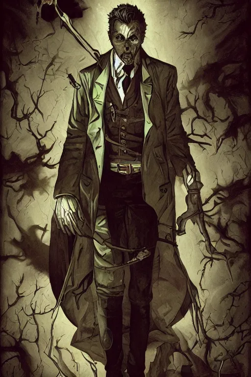 Image similar to john constantine in sleepy hollow, full body, big two toned eyes, teeth gritted, horror, intricate details, cinematic, epic, realistic, anatomy, tomer hanuka, uplight, artstation, photorealistic, scary