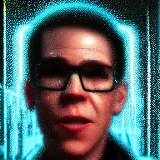 Image similar to gilbert gotfried in the matrix, cartoon portrait made out of rain, realistic, highly detailed, neon, rendered in octane, unreal engine, rain, beautiful, trending on artstation, emotional, photo realistic