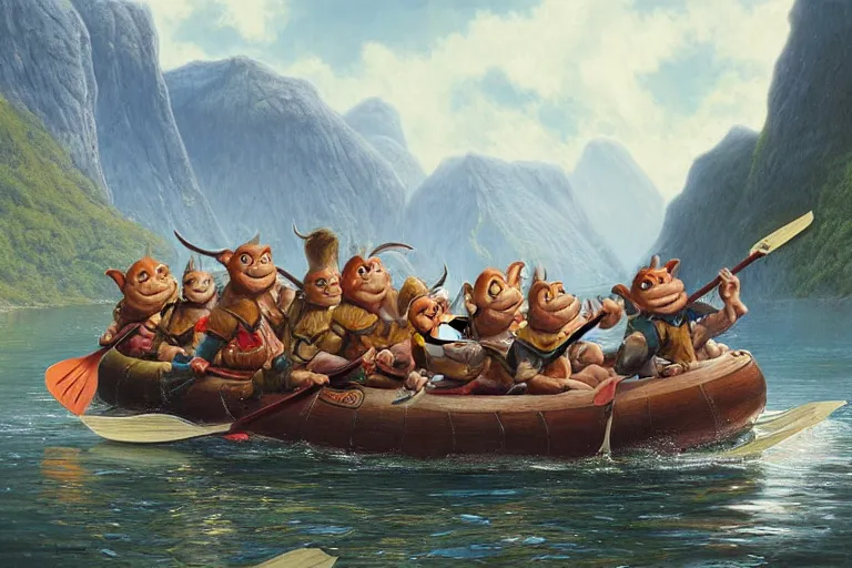 Image similar to a group of goblins paddling on a raft in a norwegian fjord by justin gerard by tyler edlin