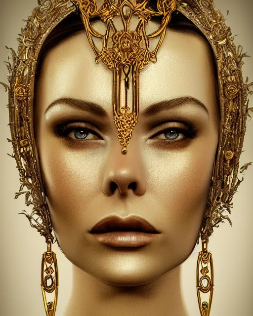 Prompt: concept art, Briana Banks, beautiful, frank frazetta, ornate, art nouveau, symmetrical, gold jewelry, high contrast, unbiased render, Emil melmoth, eerie, haunting, victorian, 8k, octane render, style of Gustav Klimt, head and shoulders