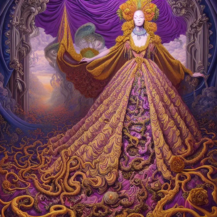 Image similar to beautiful oil painting, full length portrait of dauphinois in baroque coronation robes 1701, Dan Mumford, Dan Mumford, Alex grey, hyacinthe rigaurd, highly detailed , lsd visuals, dmt fractal patterns, hallucinogen, visionary art, psychedelic art, ornate, vaporwave, baroque, Greg rutkowski