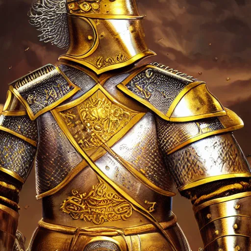 Image similar to fantasy art 4 k photo portrait of rooster kings in very detailed shiny plate armor engraved in gold ready for battle