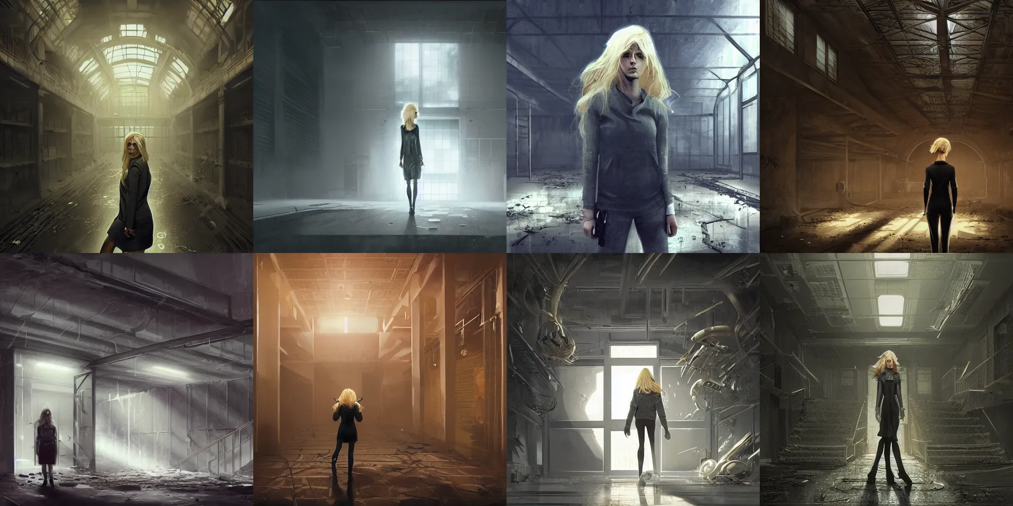 Prompt: a beautiful blonde haired detective woman exploring an abandoned scp foundation facility, epic composition, intricate details, hyper detailed, 8 k, volumetric light, dark atmosphere, face by charlie bowater and wlop, painterly style