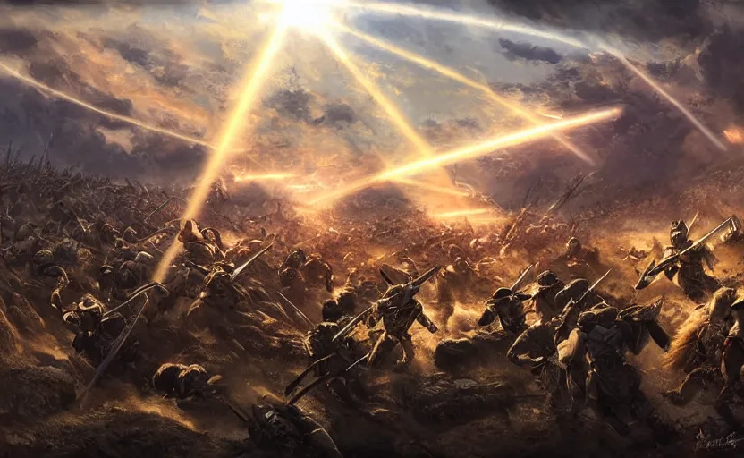 Prompt: epic cinematic artwork overview above an army charging to the enemy with the commander at the front with his sword raised, sun rays on him by greg rutowski