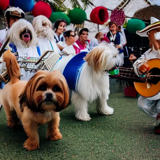 Image similar to a cream-colored Havanese dog and shih tzu dog playing in a mariachi band, at fiesta in Mexico, Leica 35mm, 4K