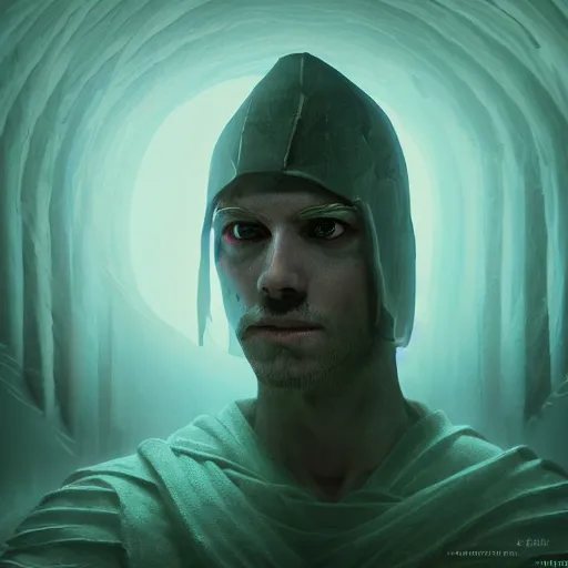 Image similar to portrait of a hooded male warrior inside a bioluminescent temple, fantasy art, realistic, highly detailed, cinematic, 3d render, octane render, sharp focus