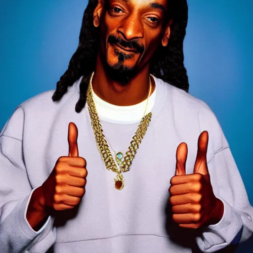 Prompt: Snoop Dog holding two thumbs up for a 1990s sitcom tv show, Studio Photograph, portrait, C 12.0