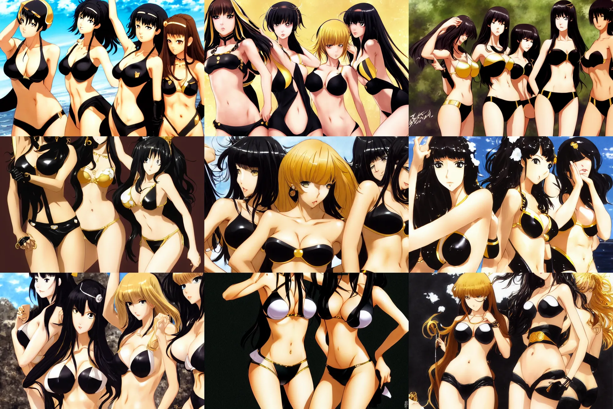 Prompt: black and gold. close - up princesses posing together in bikini. by takashi takeuchi, yoshiyuki sadamoto, amagaitaro, makoto shinkai, krenz cushart, asao urata, pixiv