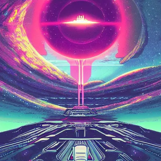 Image similar to gigantic alien mothership above a beautiful synthwave landscape, artwork by dan mumford and craig bruyn