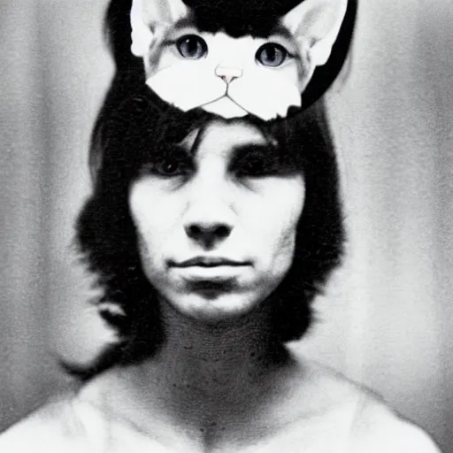 Prompt: The first known case of a human with cat ears, circa 1982, colorized black and white photograph