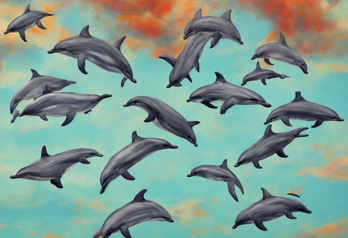 Image similar to close up on a family of dolphins flying through the sky together science fiction painting, cactus below