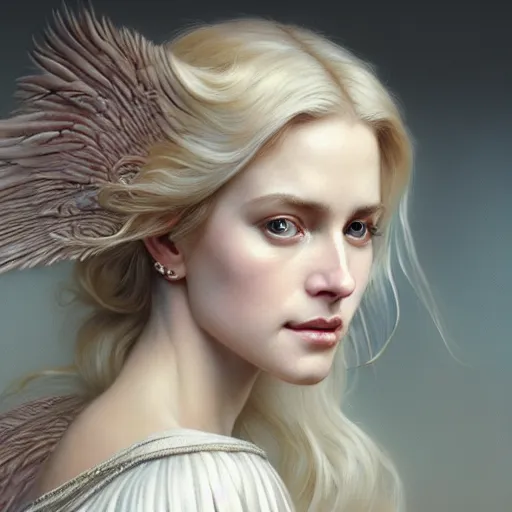 Image similar to portrait painting of a beautiful blonde woman with a kind face wearing a feathered cloak and a fancy silk white dress, ultra realistic, concept art, intricate details, eerie, highly detailed, photorealistic, octane render, 8 k, unreal engine. art by artgerm and greg rutkowski and charlie bowater and magali villeneuve and alphonse mucha