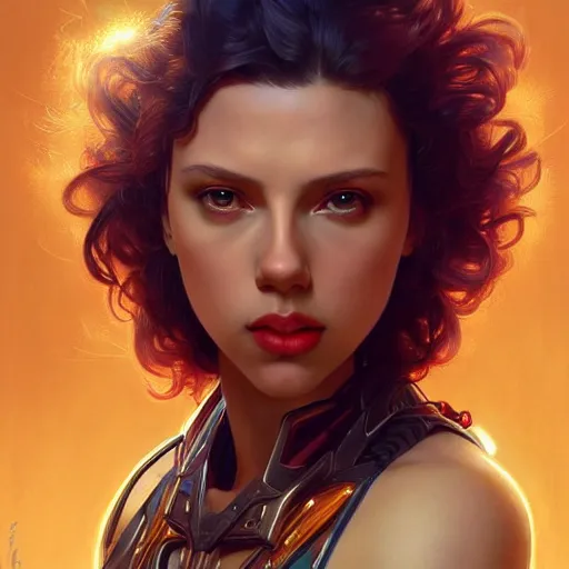 Image similar to young Scarlett Johansson cyborg from another dimension, cinematic lighting, intricate, elegant, highly detailed, digital painting, artstation, sharp focus, illustration, art by artgerm and greg rutkowski and alphonse mucha and Wayne Barlowe and william-adolphe bouguereau