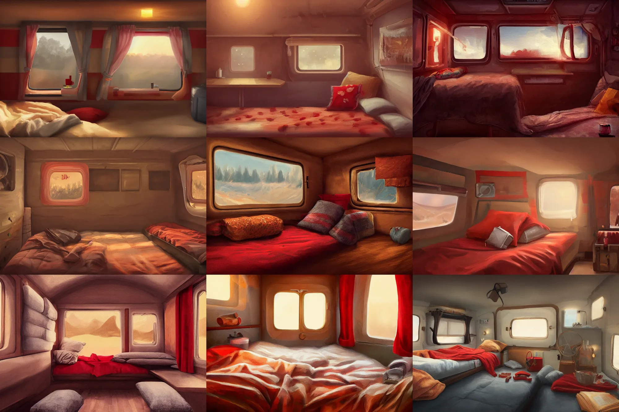 Prompt: camper interior, bed with blankets, pillows, red and brown interior, golden hour, nostalgic, godrays, dust, soft diffuse, digital painting, cozy, highly detailed, trending on artstation