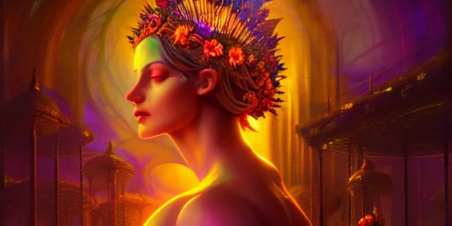 Prompt: Beautiful 3d render of the flower queen goddess in a sensual pose, atmospheric lighting, painted, intricate, volumetric lighting, beautiful, rich deep colours masterpiece, golden hour, sharp focus, ultra detailed, in the style of Dan Mumford and marc simonetti, with a crowded futuristic cyberpunk city in the background, astrophotgraphy