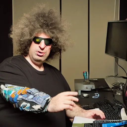 Prompt: obese Howard Stern wearing a headset yelling at his monitor while playing WoW highly detailed wide angle lens 10:9 aspect ration award winning photography by David Lynch esoteric erasure head