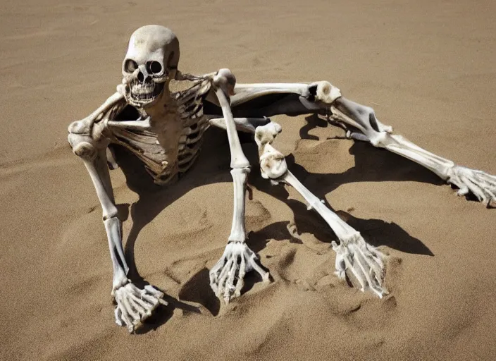 Prompt: humans perished, their dreams forgotten, horrors faced, bones turn to sand. upon that sand walks the new god, one that will never die