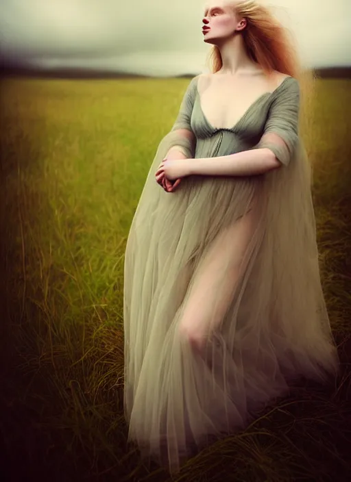 Image similar to kodak portra 1 0 0 photo medium portrait of a pre - raphaelite blond beautiful woman, dress in dark tulle, dreamy mood, fine art photography in style of nicholas fols, 1 5 0 mm, emotionally evoking, head in focus, stormy clouds outdoor, matt mute colour background, volumetric lighting, hyper realistic, ultra detailed